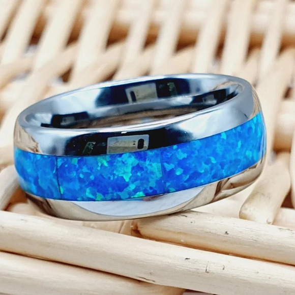 " Silver Tungsten Wedding Ring With Blue Opal Inlay, GALTUN598 - Picture 3 of 6